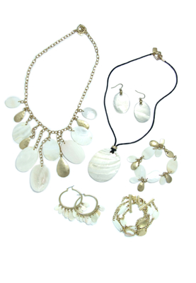 Mother of pearl coin charm necklace, bracelet & earrings