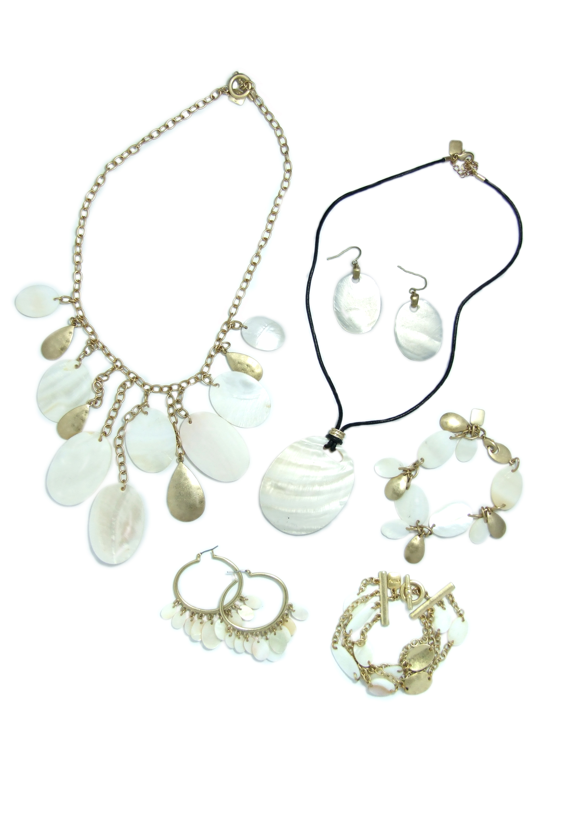 Mother of pearl coin charm necklace, bracelet & earrings