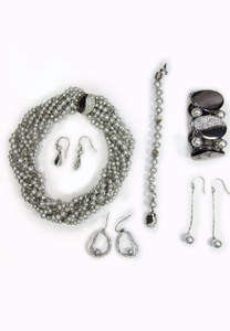 Silver pearl with pave multi row necklace, bracelet & earring