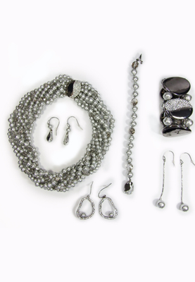 Silver pearl with pave multi row necklace, bracelet & earring
