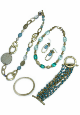 Blue glass with hammered texture link necklace, bracelet & earrings