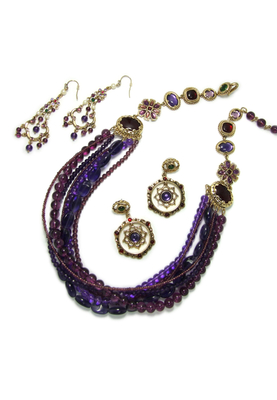 Purple glass multi row necklace & earring