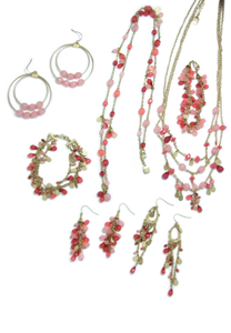 Rose quartz multi row neckalce, bracelet & earrings